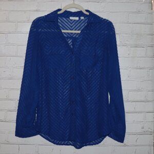 💙✨ New York & Company Sheer Blue Chevron Button‑Down · Size Small · long sleeve